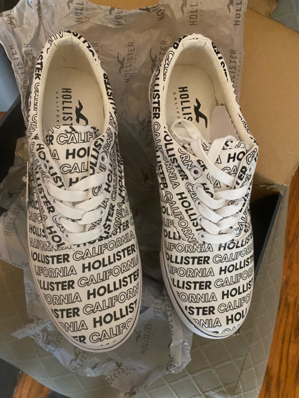 Hollister White Canvas Logo Sneakers with Black Print